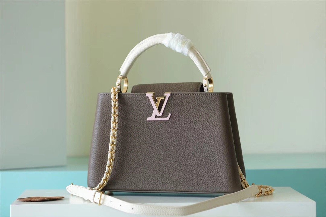 Louis Vuitton Capucines BB Taurillon Smokey Brown Green/ Creme/ Pink For Women, Women’s Handbags, Shoulder And Crossbody Bags 27cm/10.6in
