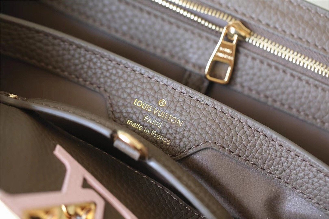 Louis Vuitton Capucines BB Taurillon Smokey Brown Green/ Creme/ Pink For Women, Women’s Handbags, Shoulder And Crossbody Bags 27cm/10.6in
