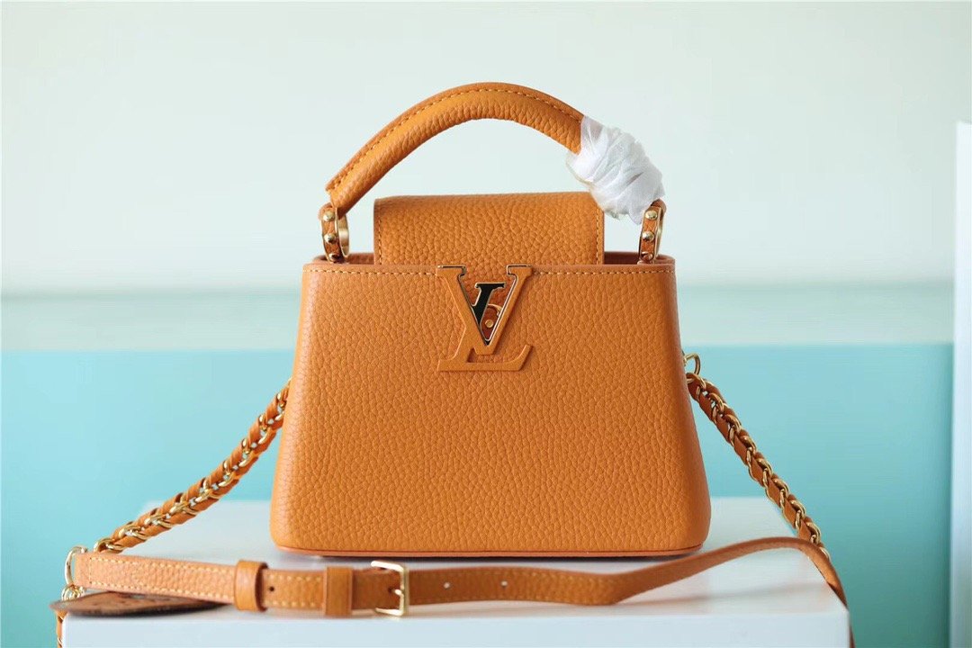 Louis Vuitton Capucines Mini Taurillon Jaune Sunbeam For Women, Women’s Handbags, Shoulder And Crossbody Bags 21cm/8.3in LV