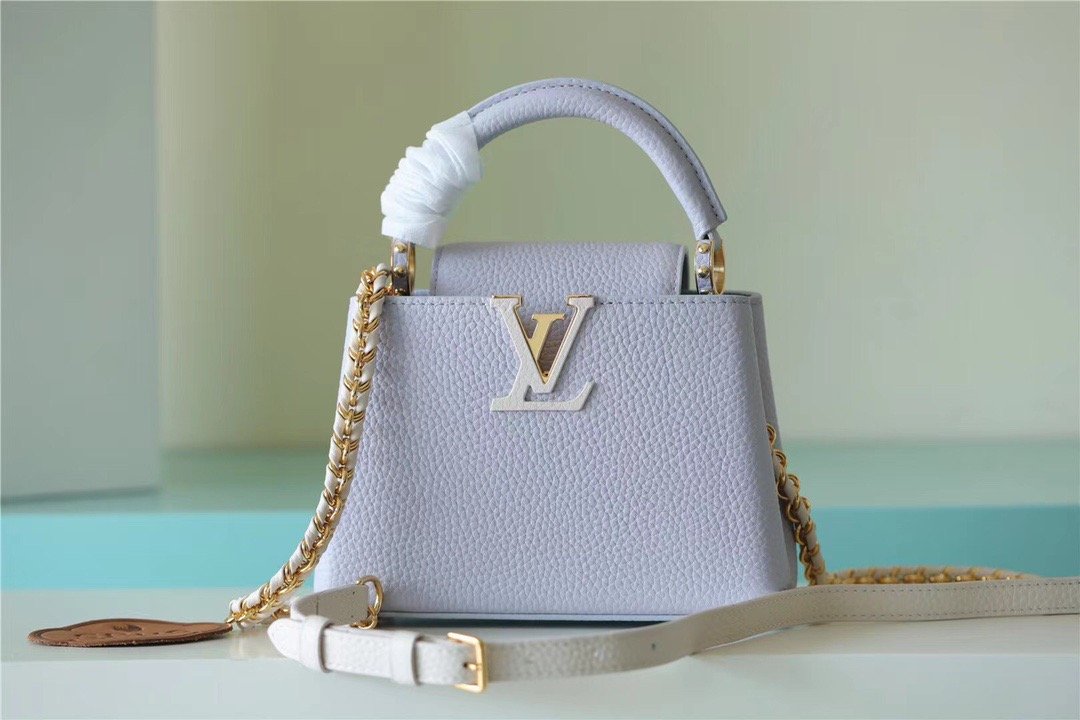 Louis Vuitton Capucines Mini Taurillon Light Blue/ Creme For Women, Women’s Handbags, Shoulder And Crossbody Bags 21cm/8.3in LV