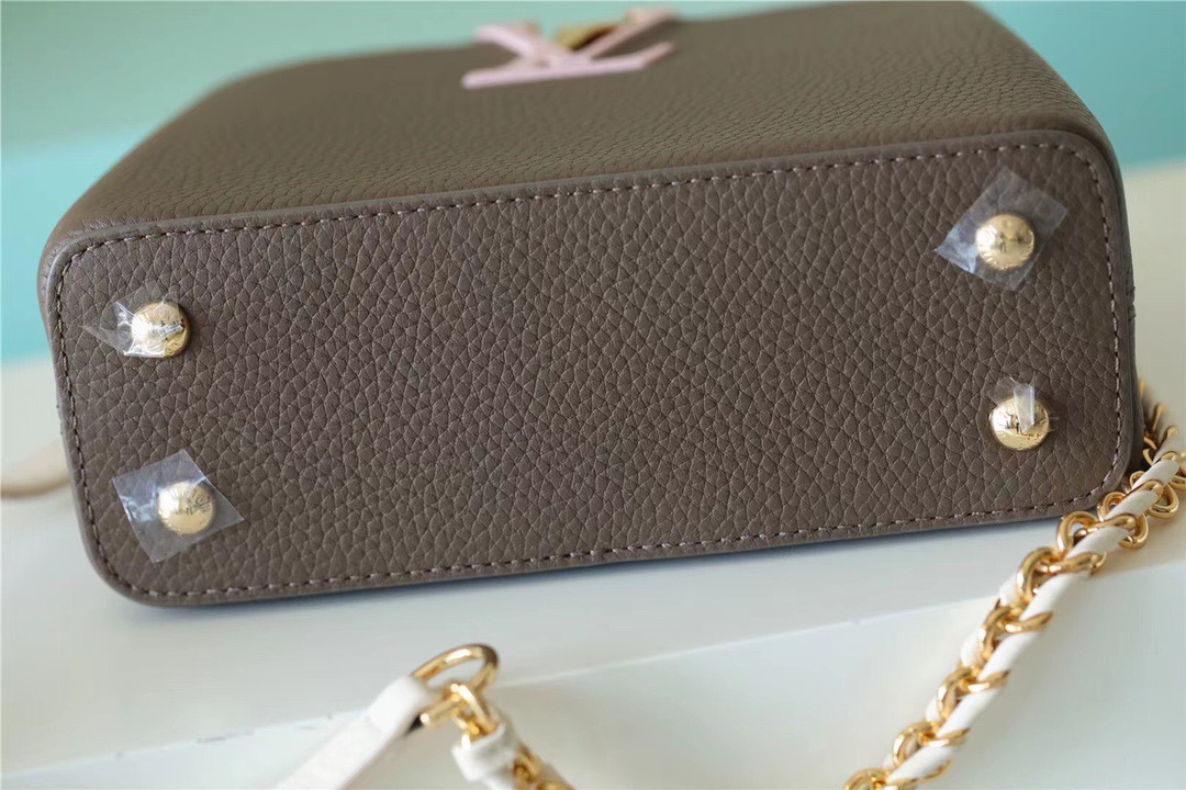 Louis Vuitton Capucines Mini Taurillon Smokey Brown Green/ Creme/ Pink For Women, Women’s Handbags, Shoulder And Crossbody Bags 21cm/8.3in LV
