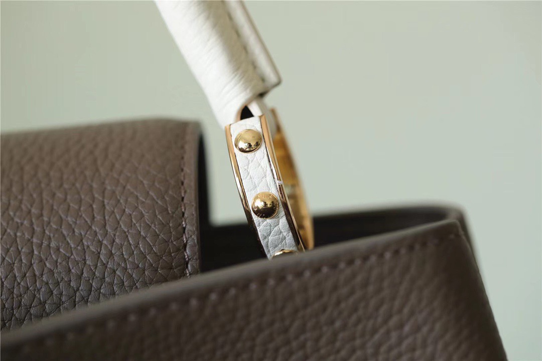 Louis Vuitton Capucines Mini Taurillon Smokey Brown Green/ Creme/ Pink For Women, Women’s Handbags, Shoulder And Crossbody Bags 21cm/8.3in LV
