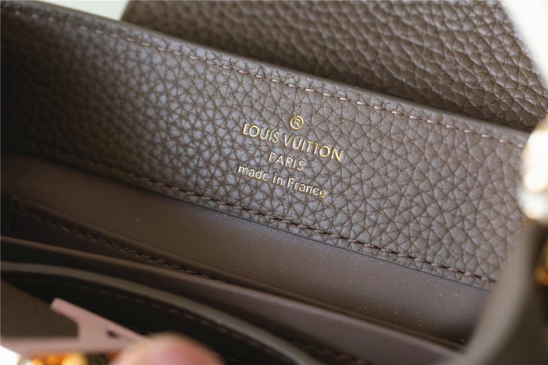 Louis Vuitton Capucines Mini Taurillon Smokey Brown Green/ Creme/ Pink For Women, Women’s Handbags, Shoulder And Crossbody Bags 21cm/8.3in LV