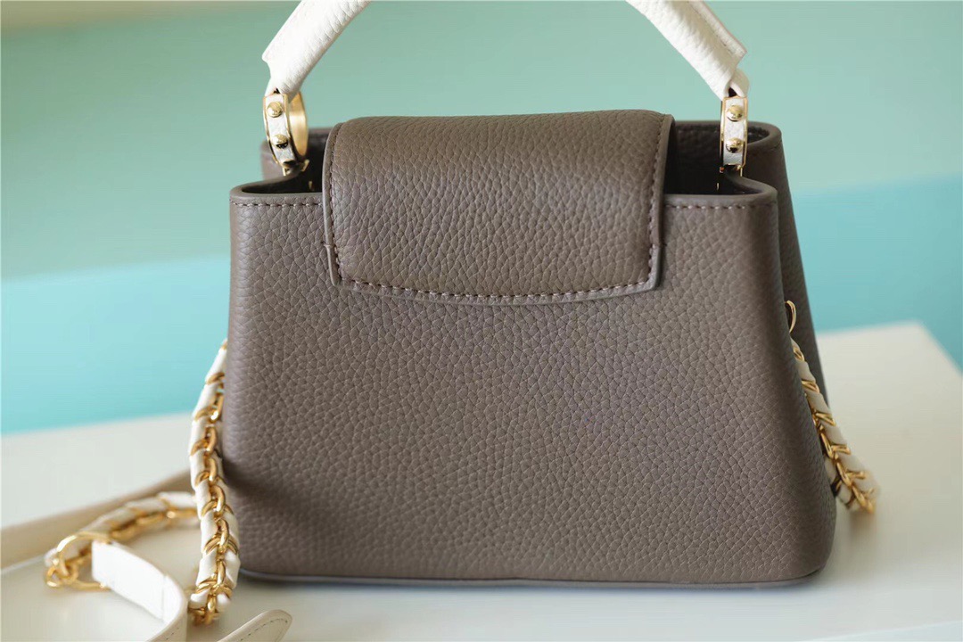 Louis Vuitton Capucines Mini Taurillon Smokey Brown Green/ Creme/ Pink For Women, Women’s Handbags, Shoulder And Crossbody Bags 21cm/8.3in LV