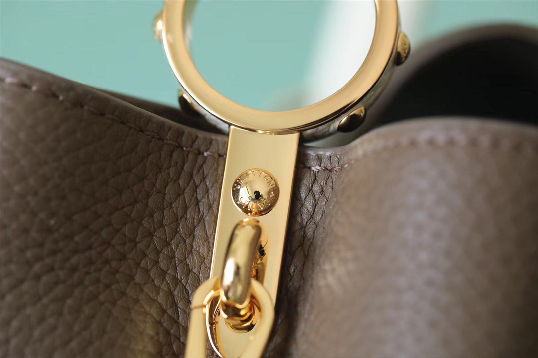 Louis Vuitton Capucines Mini Taurillon Smokey Brown Green/ Creme/ Pink For Women, Women’s Handbags, Shoulder And Crossbody Bags 21cm/8.3in LV