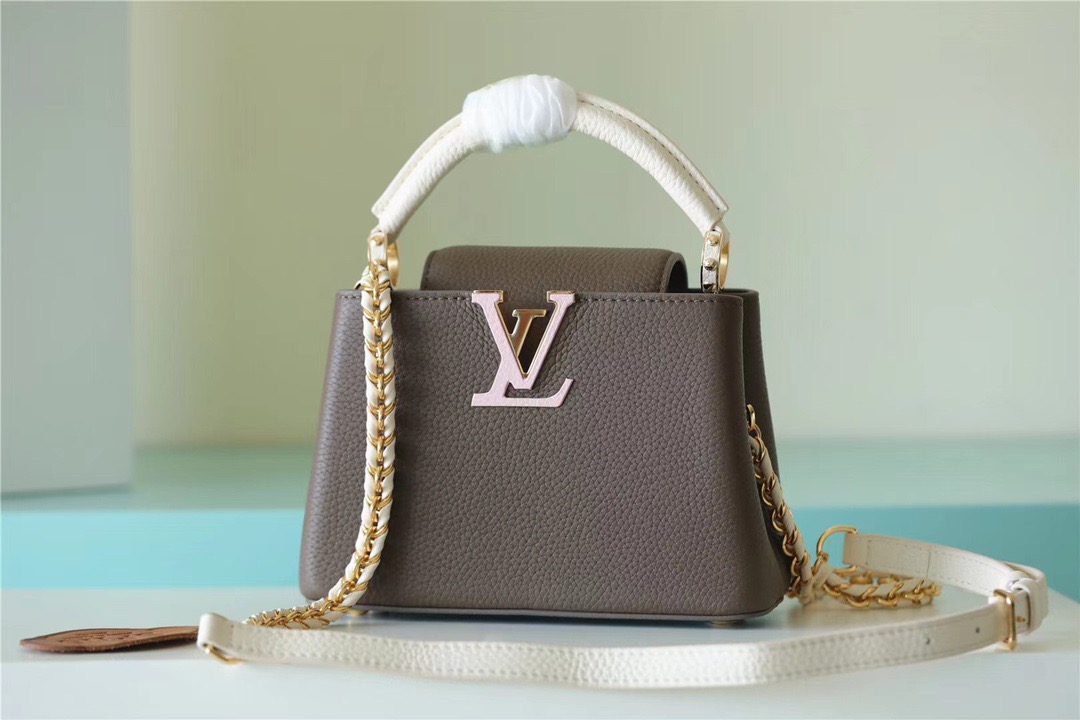 Louis Vuitton Capucines Mini Taurillon Smokey Brown Green/ Creme/ Pink For Women, Women’s Handbags, Shoulder And Crossbody Bags 21cm/8.3in LV