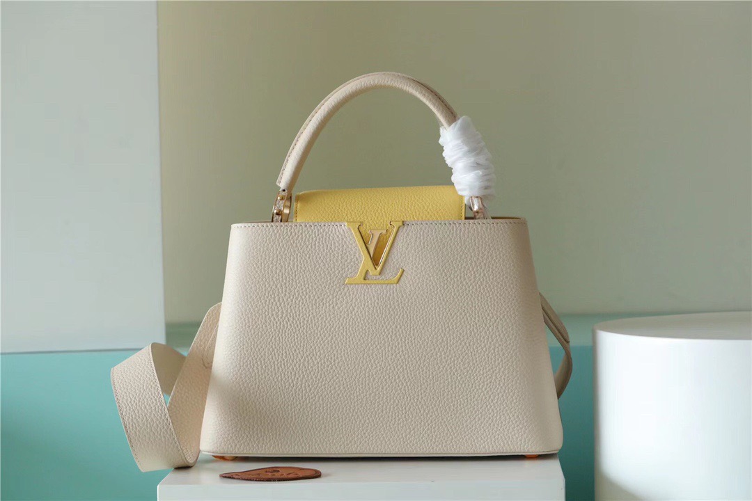 Louis Vuitton Capucines MM Taurillon Creme Beige/ Plume Yellow Berlingot For Women, Women’s Bags, Shoulder And Crossbody Bags 12.4in/31.5cm