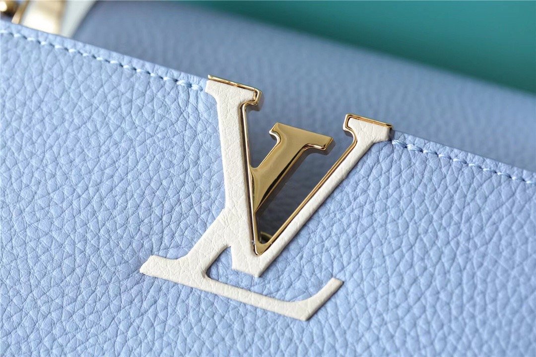 Louis Vuitton Capucines MM Taurillon Light Blue/ Beige For Women, Women’s Bags, Shoulder And Crossbody Bags 12.4in/31.5cm LV 