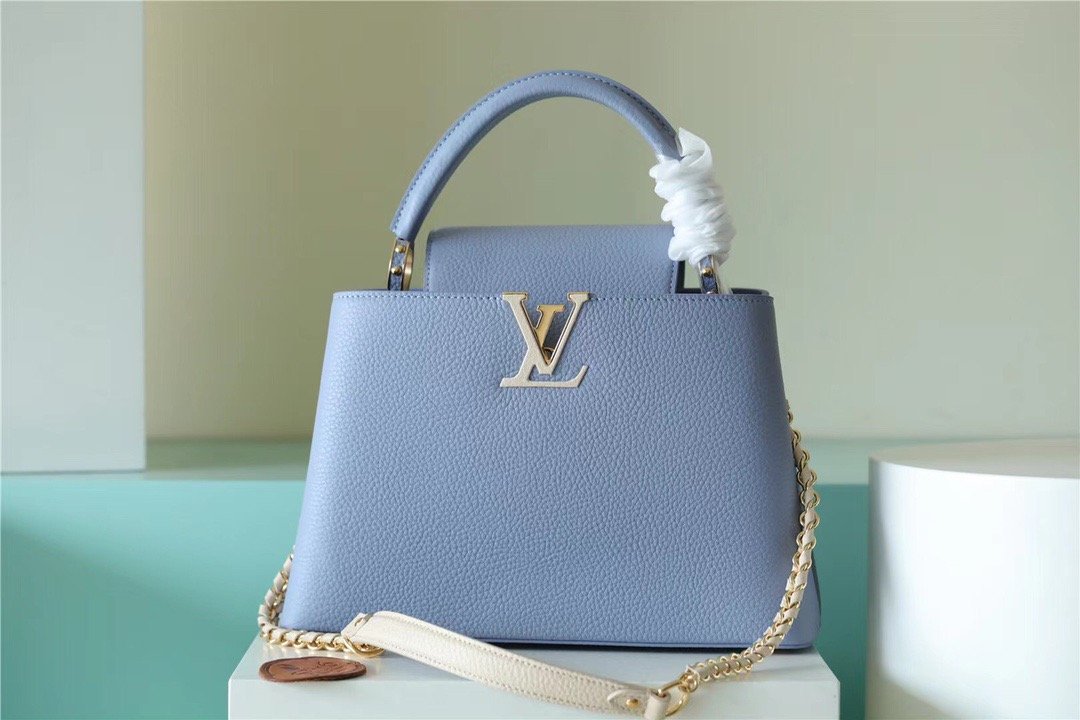 Louis Vuitton Capucines MM Taurillon Light Blue/ Beige For Women, Women’s Bags, Shoulder And Crossbody Bags 12.4in/31.5cm LV 
