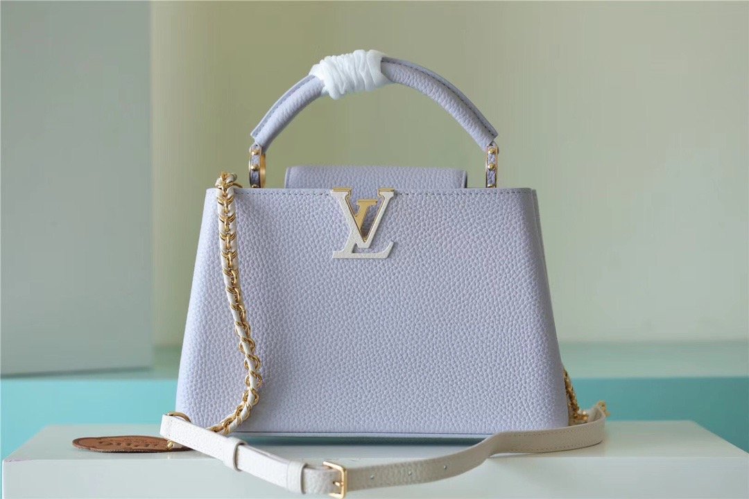 Louis Vuitton Capucines MM Taurillon Light Blue/ Creme For Women, Women’s Handbags, Shoulder And Crossbody Bags 31.5cm/12.4in LV 