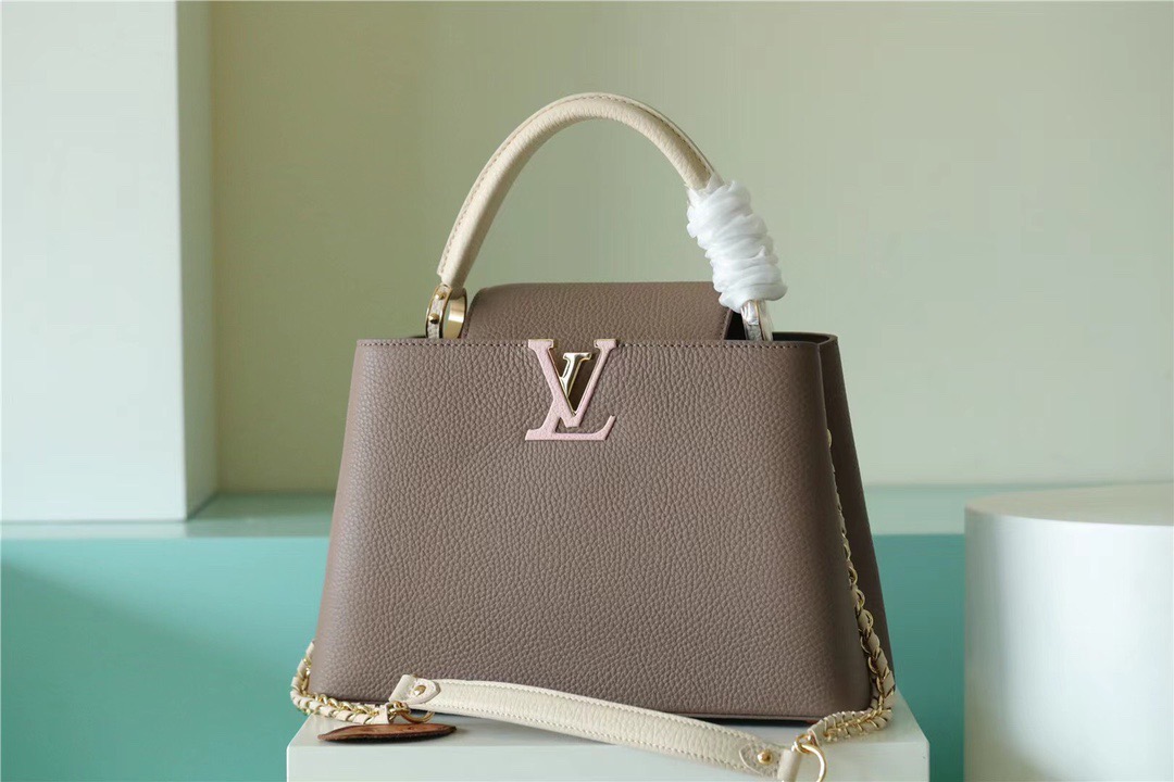 Louis Vuitton Capucines MM Taurillon Smokey Brown Green/ Creme/ Pink For Women, Women’s Bags, Shoulder And Crossbody Bags 12.4in/31.5cm