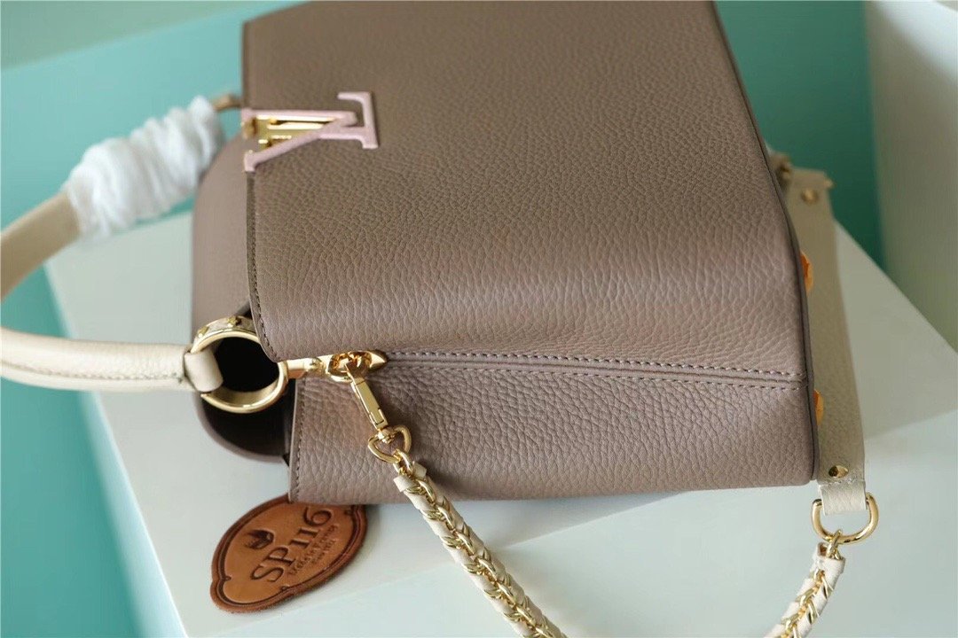 Louis Vuitton Capucines MM Taurillon Smokey Brown Green/ Creme/ Pink For Women, Women’s Bags, Shoulder And Crossbody Bags 12.4in/31.5cm