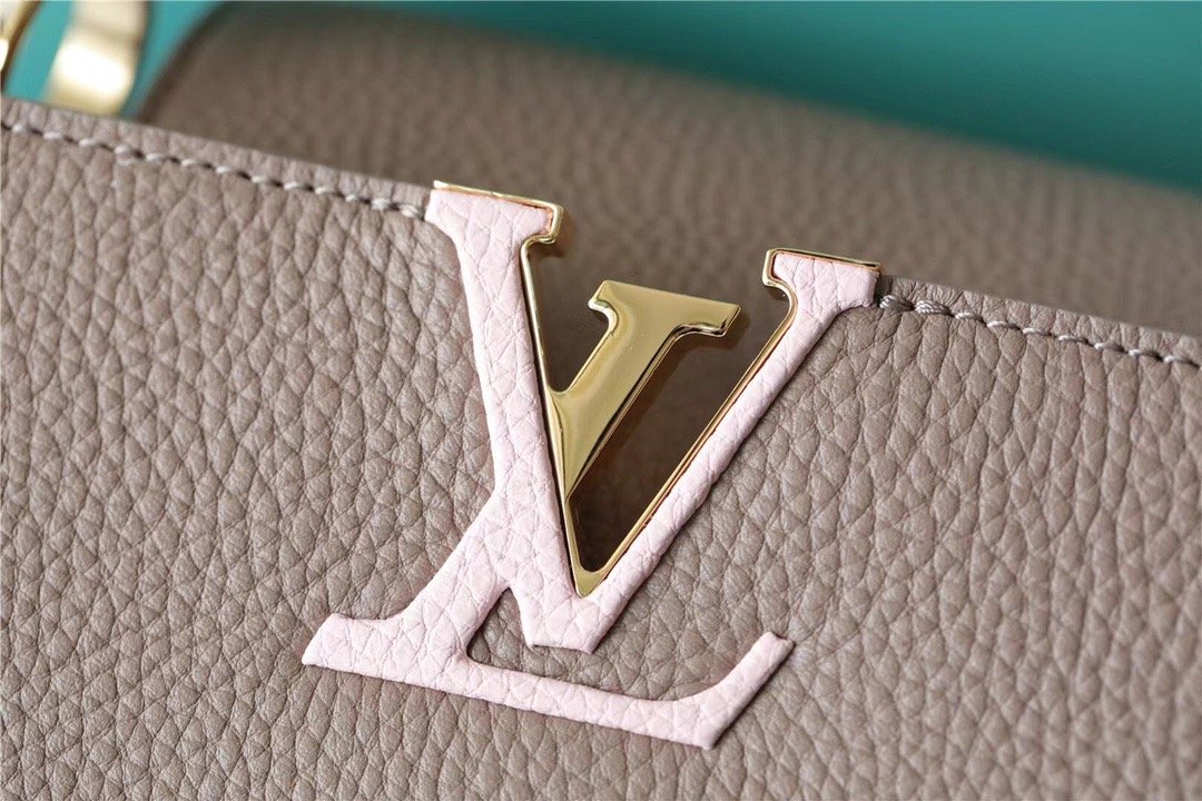Louis Vuitton Capucines MM Taurillon Smokey Brown Green/ Creme/ Pink For Women, Women’s Bags, Shoulder And Crossbody Bags 12.4in/31.5cm