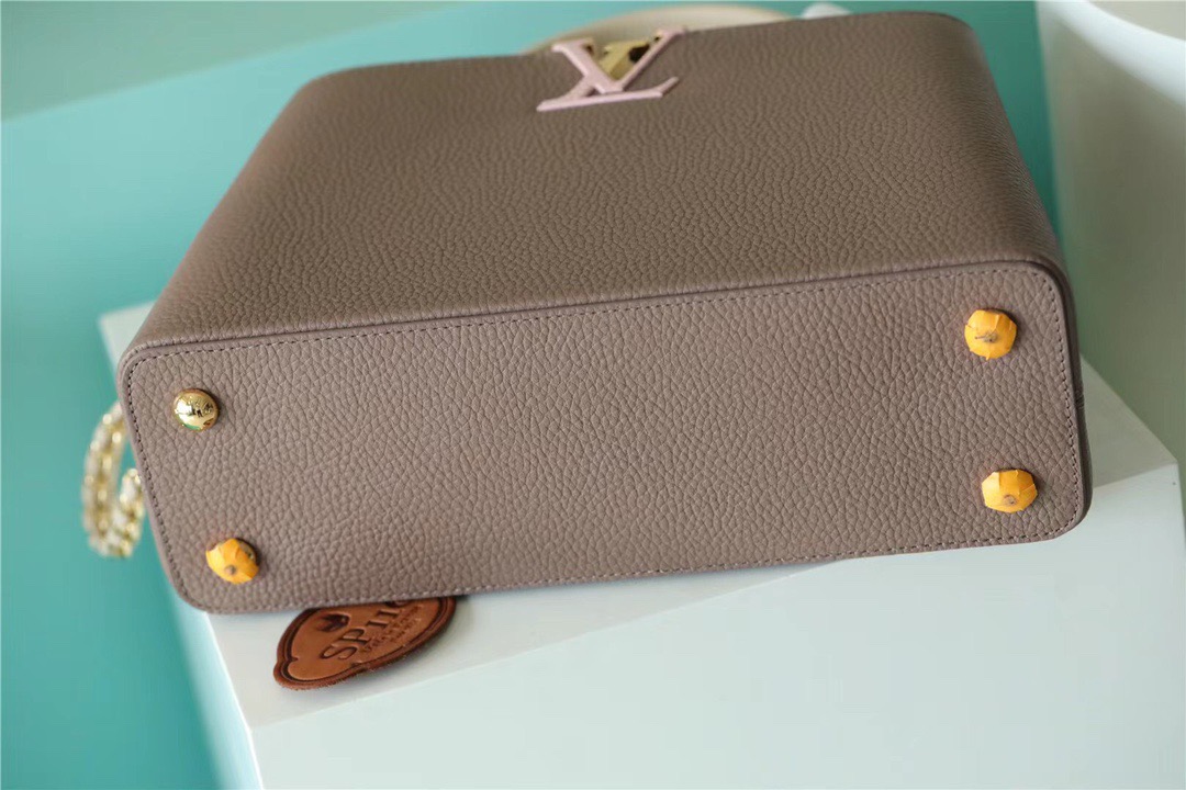 Louis Vuitton Capucines MM Taurillon Smokey Brown Green/ Creme/ Pink For Women, Women’s Bags, Shoulder And Crossbody Bags 12.4in/31.5cm