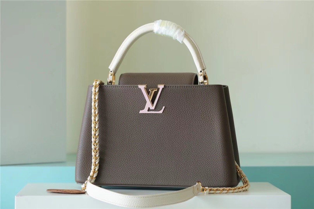 Louis Vuitton Capucines MM Taurillon Smokey Brown Green/ Creme/ Pink For Women, Women’s Handbags, Shoulder And Crossbody Bags 31.5cm/12.4in