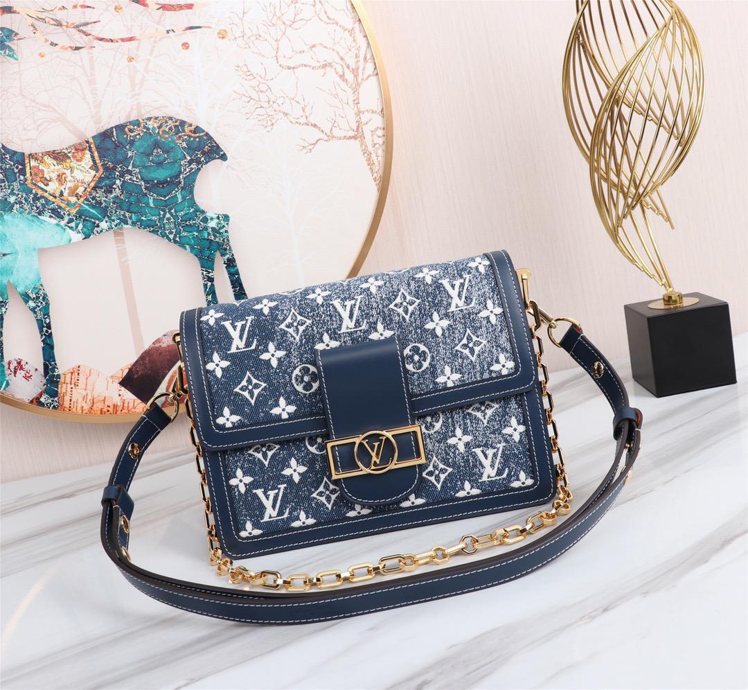 Louis Vuitton Dauphine MM Denim Jacquard Monogram Pattern Navy Blue For Women, Women’s Handbags, Shoulder And Crossbody Bags 9.8in/25cm