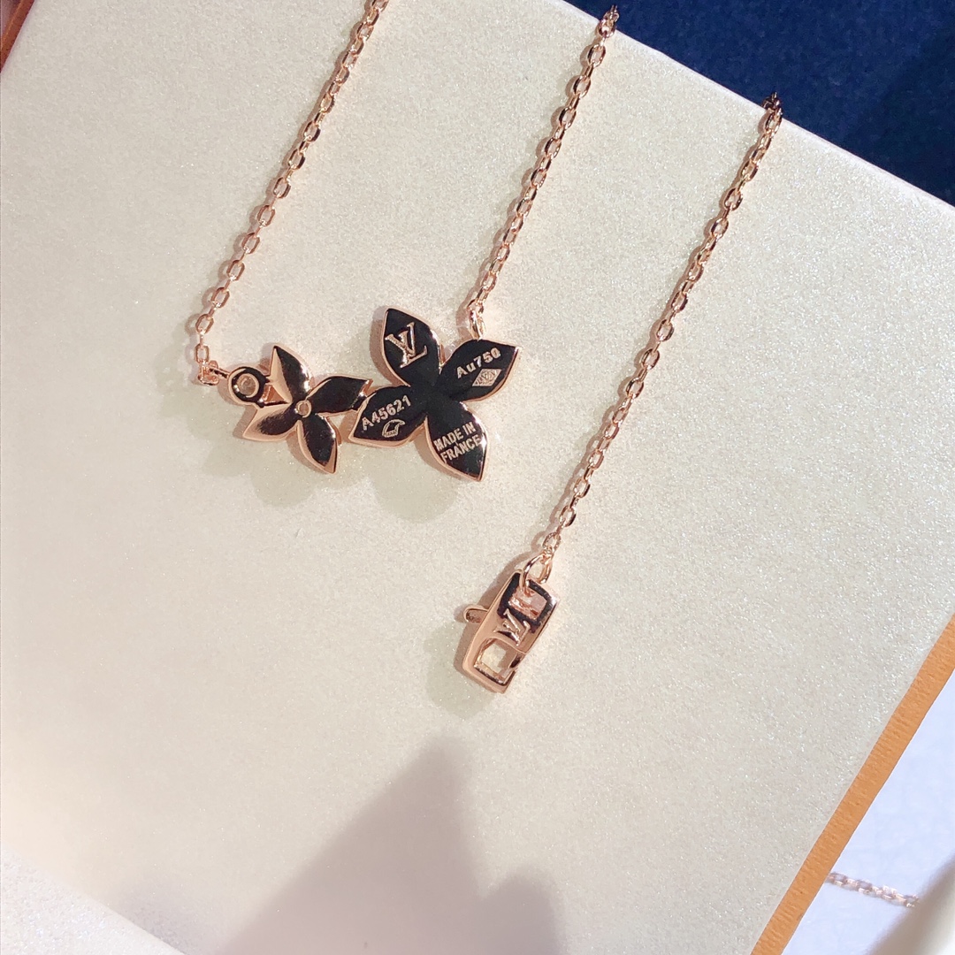 Louis Vuitton Douple Flowers Necklace Pink Gold Tone For Women