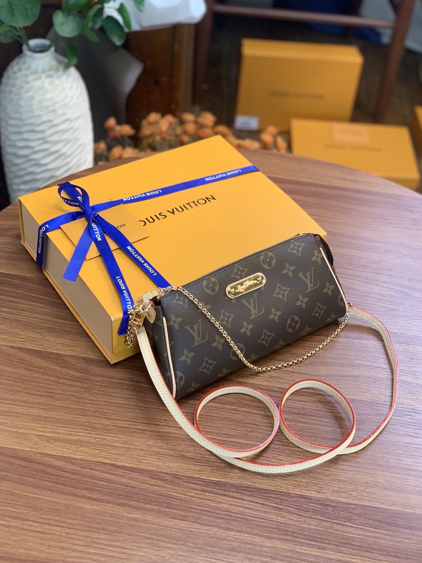 Louis Vuitton Eva 2Way Chain Monogram Canvas Shoulder Bag Brown For Women 9.8in/25cm