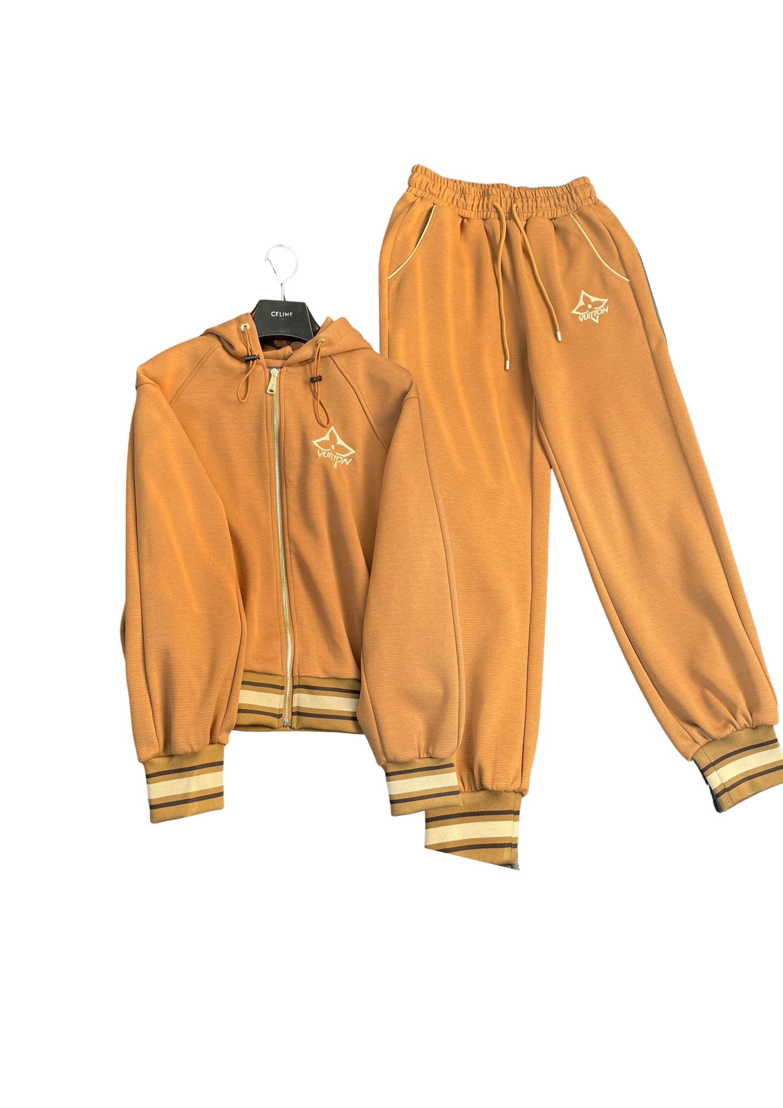 Louis Vuitton Horizontal Stripes Elastic Hem Jacket And Jogging Pants Brown For Women