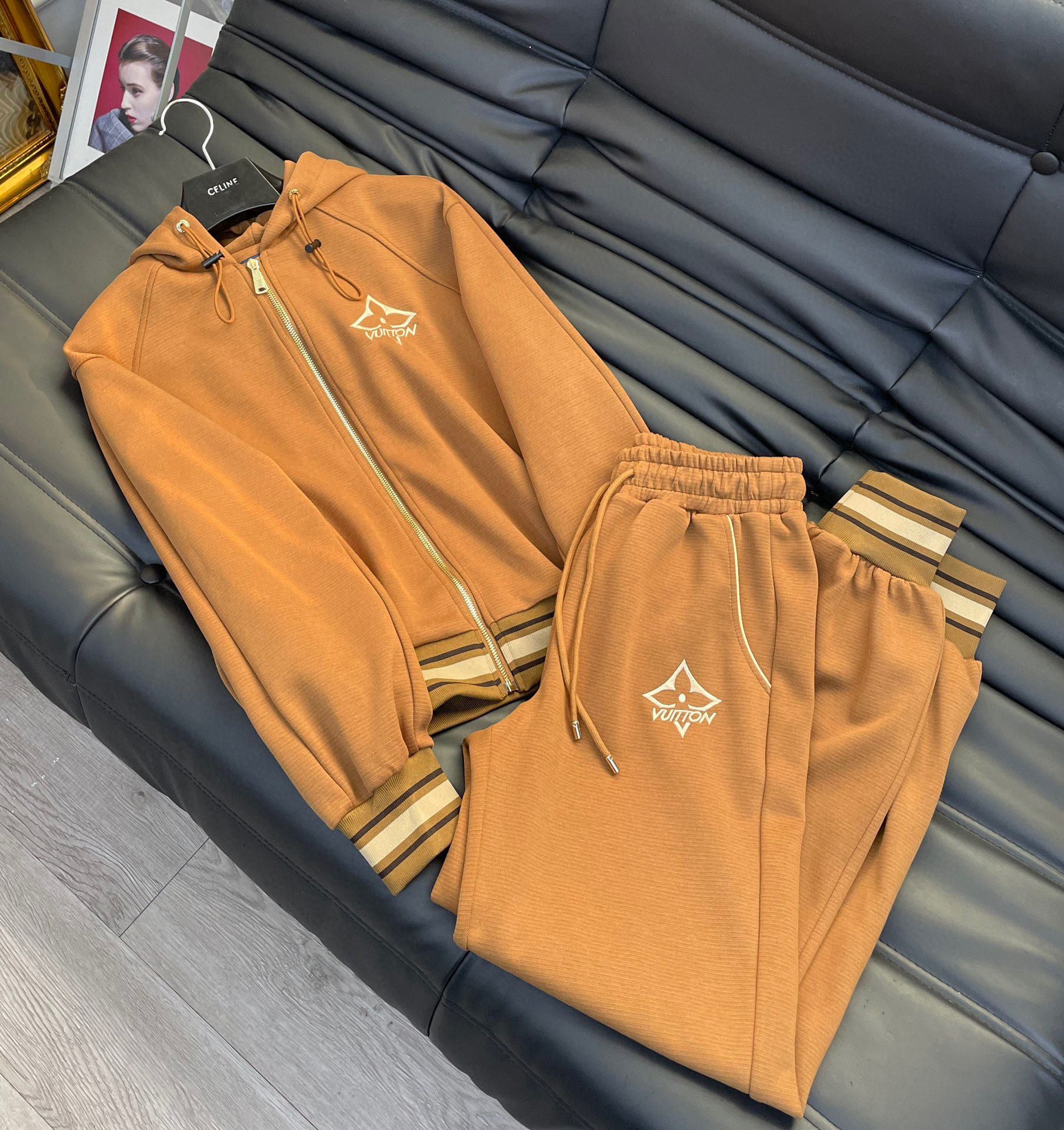 Louis Vuitton Horizontal Stripes Elastic Hem Jacket And Jogging Pants Brown For Women