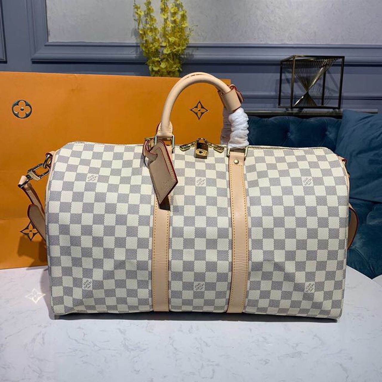 Louis Vuitton Keepall Bandouliere 45 Damier Azur Canvas For Women, Women’s Bags, Travel Bags 17.7in/45cm