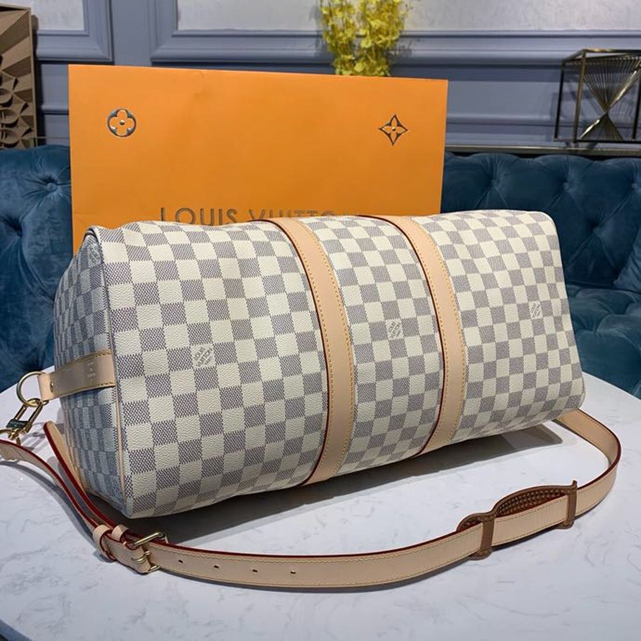 Louis Vuitton Keepall Bandouliere 45 Damier Azur Canvas For Women, Women’s Bags, Travel Bags 17.7in/45cm