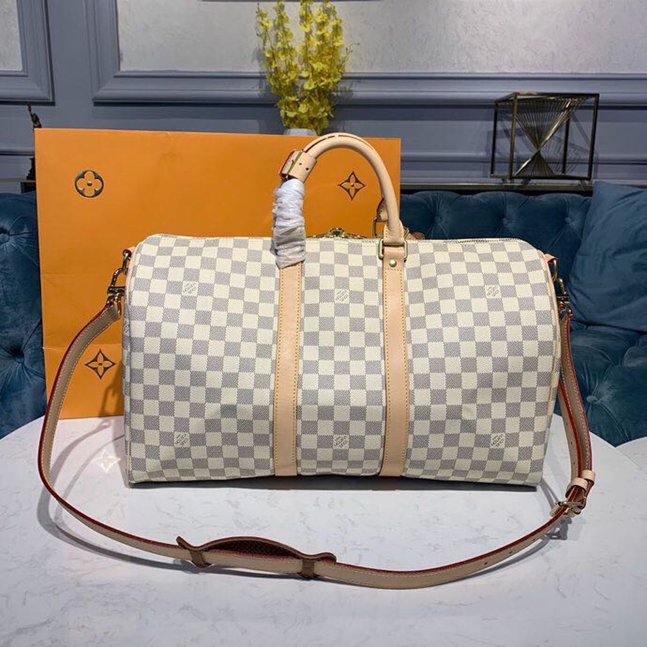 Louis Vuitton Keepall Bandouliere 45 Damier Azur Canvas For Women, Women’s Bags, Travel Bags 17.7in/45cm