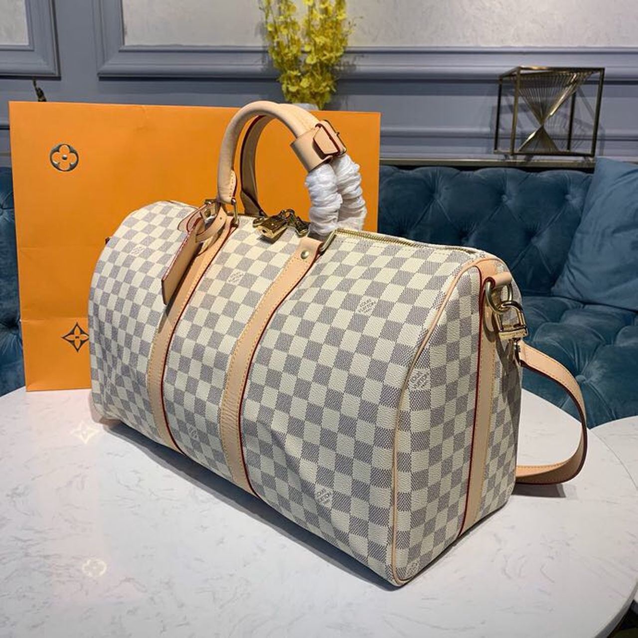 Louis Vuitton Keepall Bandouliere 45 Damier Azur Canvas For Women, Women’s Bags, Travel Bags 17.7in/45cm