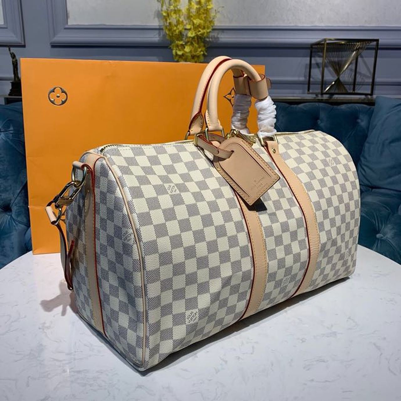 Louis Vuitton Keepall Bandouliere 45 Damier Azur Canvas For Women, Women’s Bags, Travel Bags 17.7in/45cm