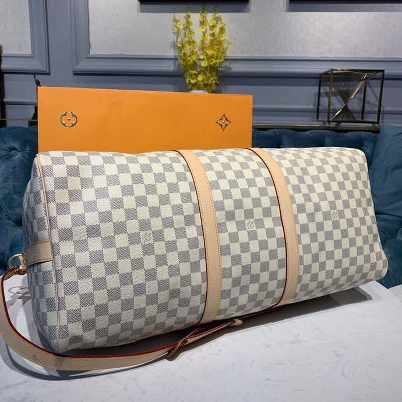 Louis Vuitton Keepall Bandouliere 55 Damier Azur Canvas For Women, Women’s Handbags, Travel Bags 21.7in/55cm