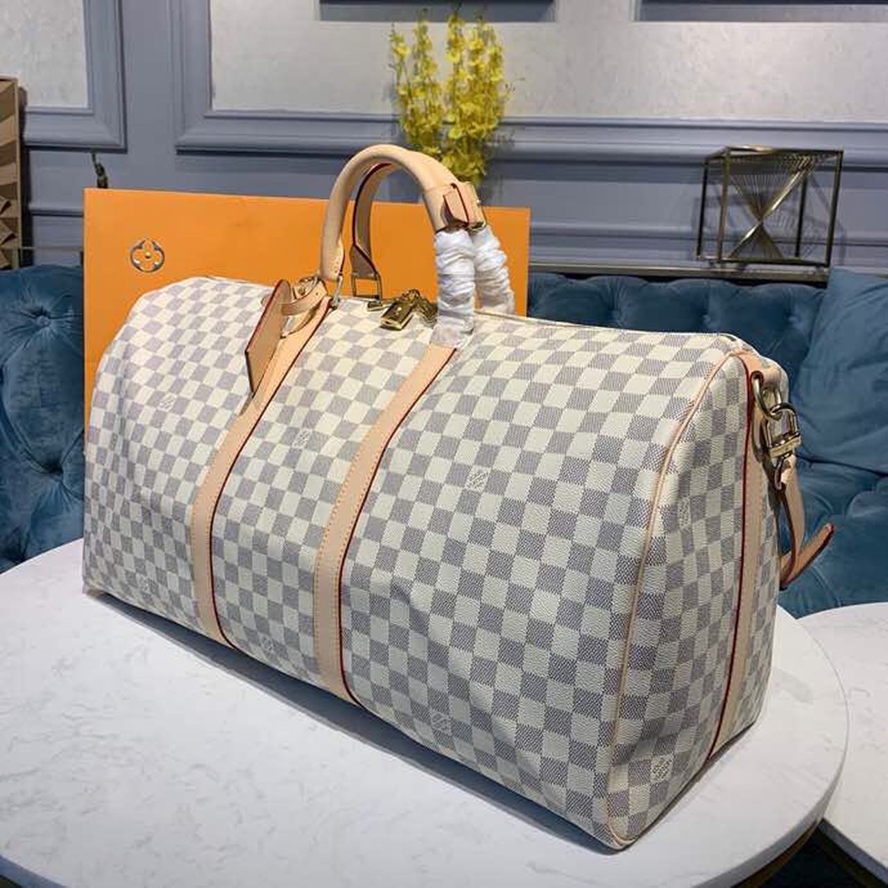 Louis Vuitton Keepall Bandouliere 55 Damier Azur Canvas For Women, Women’s Handbags, Travel Bags 21.7in/55cm