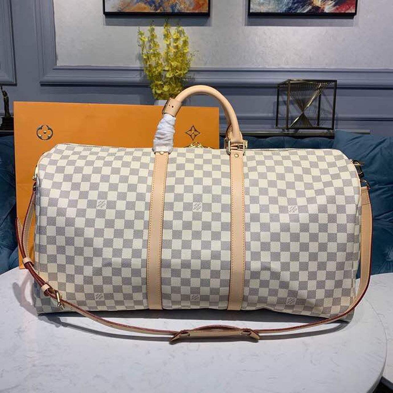 Louis Vuitton Keepall Bandouliere 55 Damier Azur Canvas For Women, Women’s Handbags, Travel Bags 21.7in/55cm