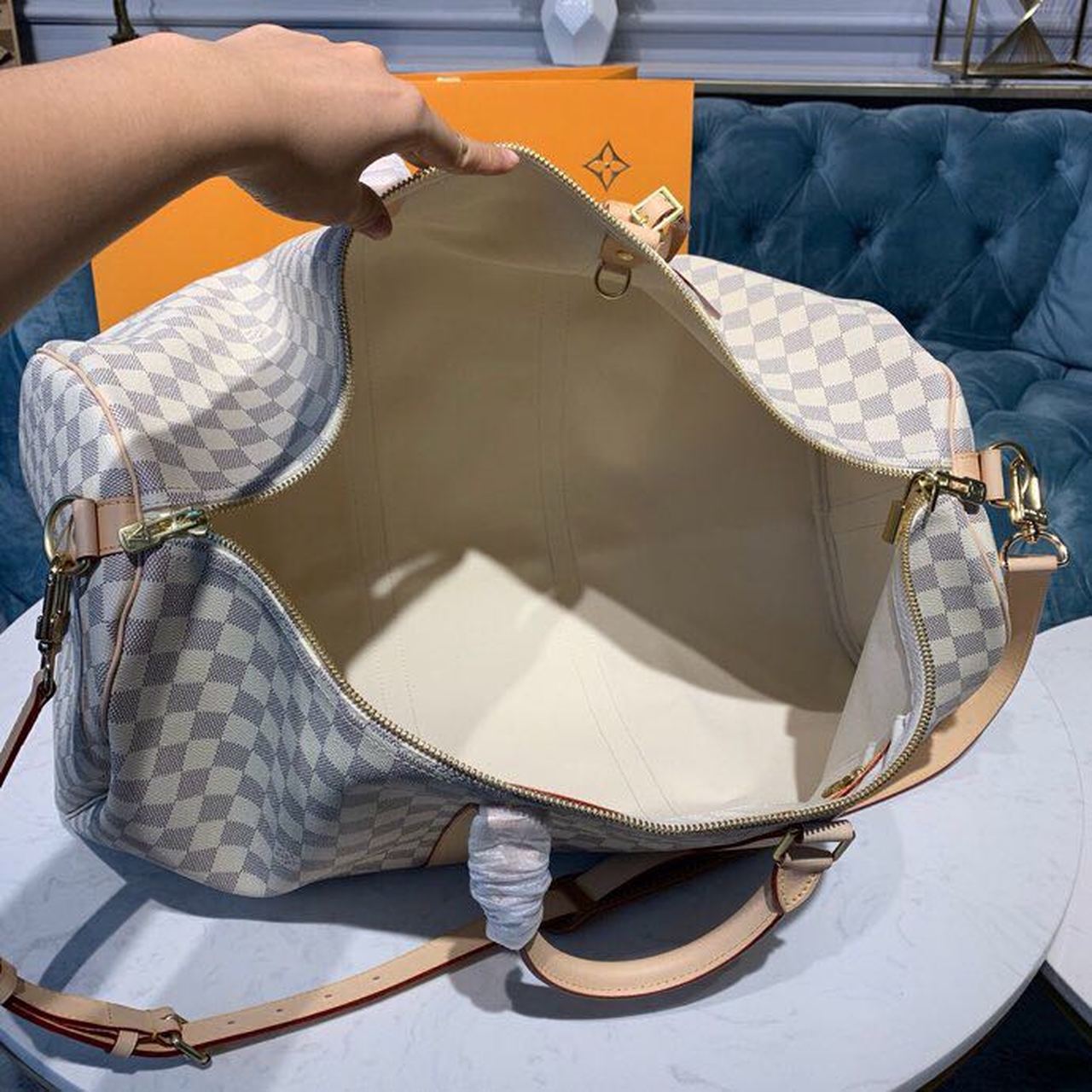 Louis Vuitton Keepall Bandouliere 55 Damier Azur Canvas For Women, Women’s Handbags, Travel Bags 21.7in/55cm
