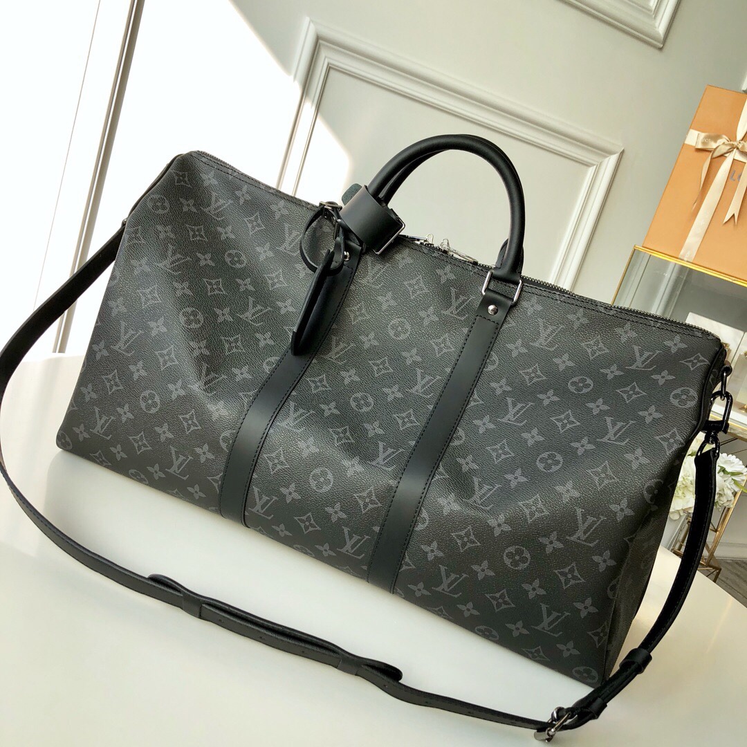 Louis Vuitton Keepall Bandouliere 55 Monogram Eclipse Canvas For Men, Men’s Bags, Travel Bags 21.7in/55cm