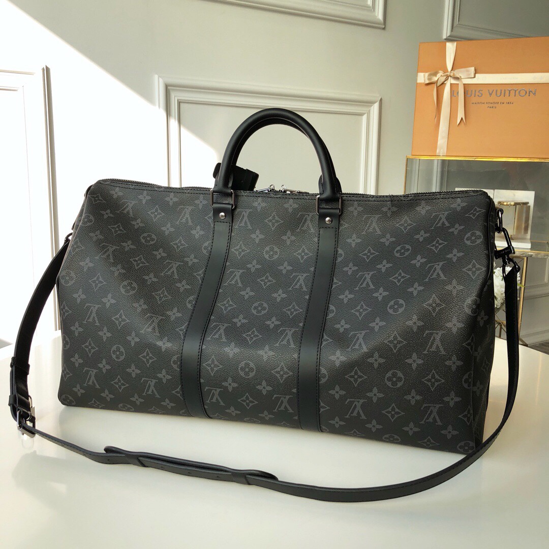 Louis Vuitton Keepall Bandouliere 55 Monogram Eclipse Canvas For Men, Men’s Bags, Travel Bags 21.7in/55cm