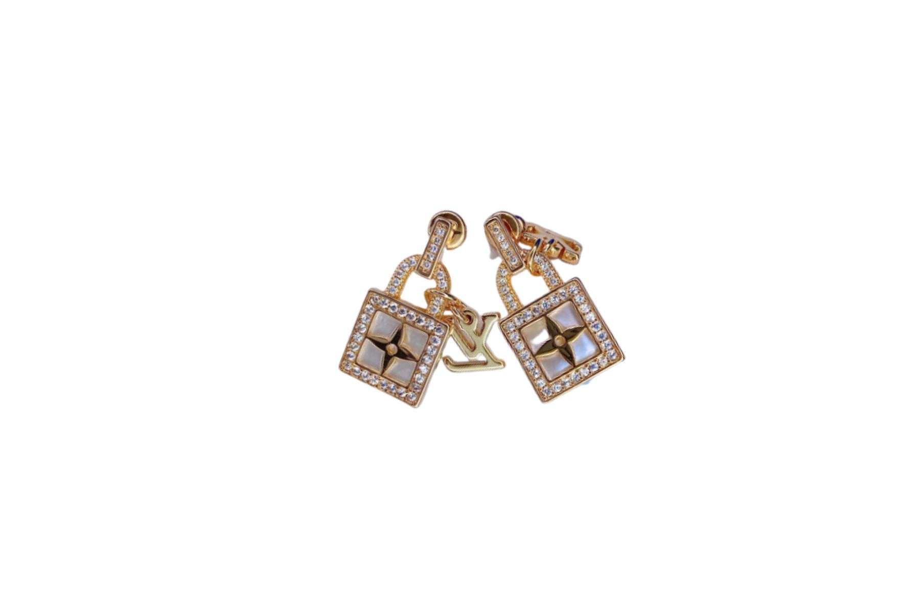 Louis Vuitton Lock Shape Earrings Gold Tone For Women