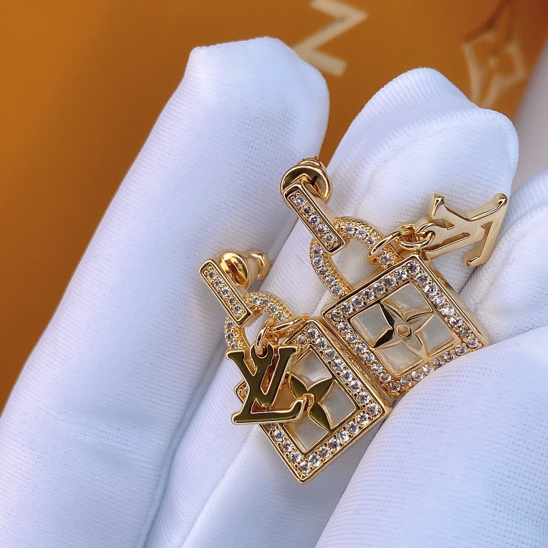 Louis Vuitton Lock Shape Earrings Gold Tone For Women