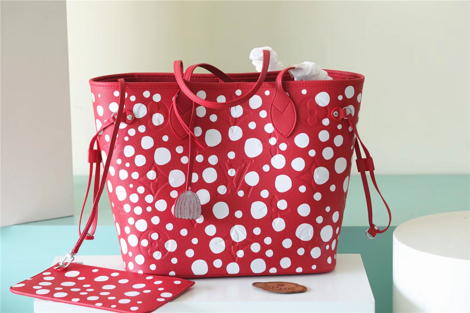 Louis Vuitton LV X YK Neverfull MM Monogram Empreinte Shouder Bags Black/Red By Yayoi Kusama For Women 12.2in/31cm