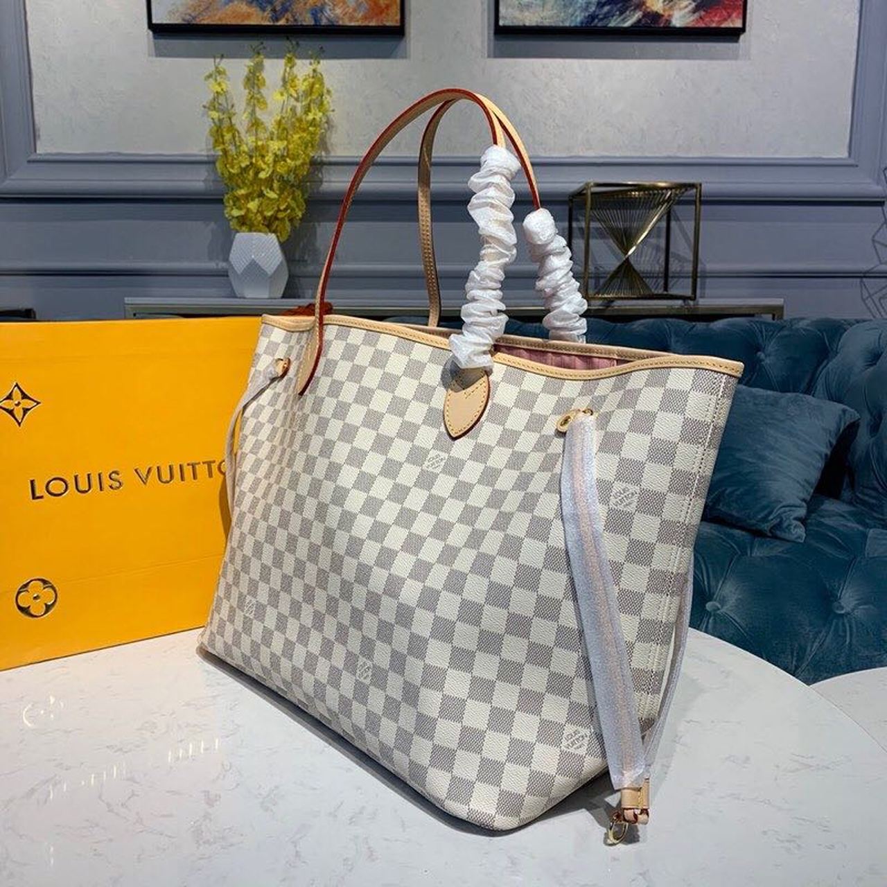 Louis Vuitton Neverfull GM Tote Bag Damier Azur Canvas Rose Ballerine Pink For Women, Women’s Handbags, Shoulder Bags 15.4in/39cm
