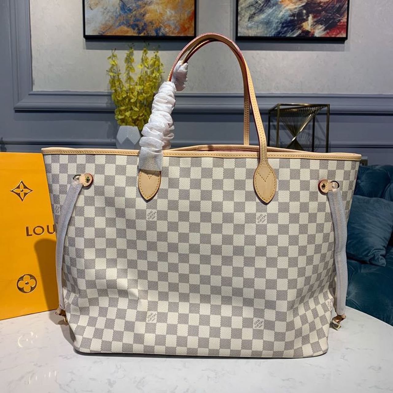 Louis Vuitton Neverfull GM Tote Bag Damier Azur Canvas Rose Ballerine Pink For Women, Women’s Handbags, Shoulder Bags 15.4in/39cm