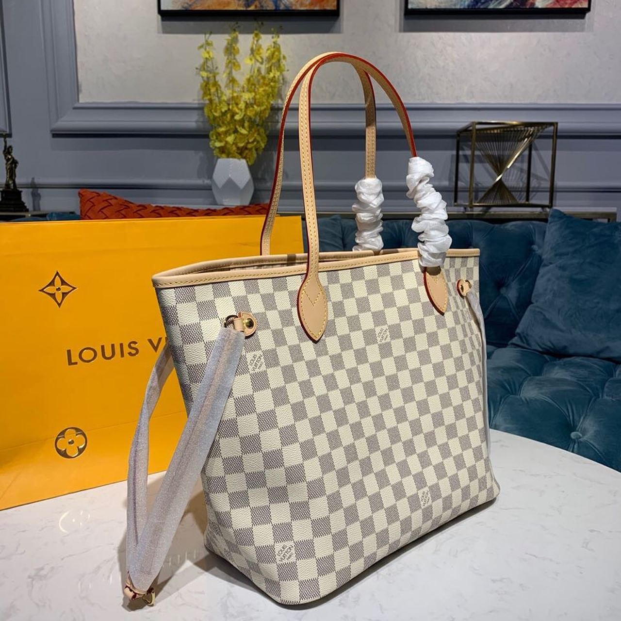 Louis Vuitton Neverfull MM Tote Bag Damier Azur Canvas For Women, Women’s Handbags, Shoulder Bags 12.2in/31cm