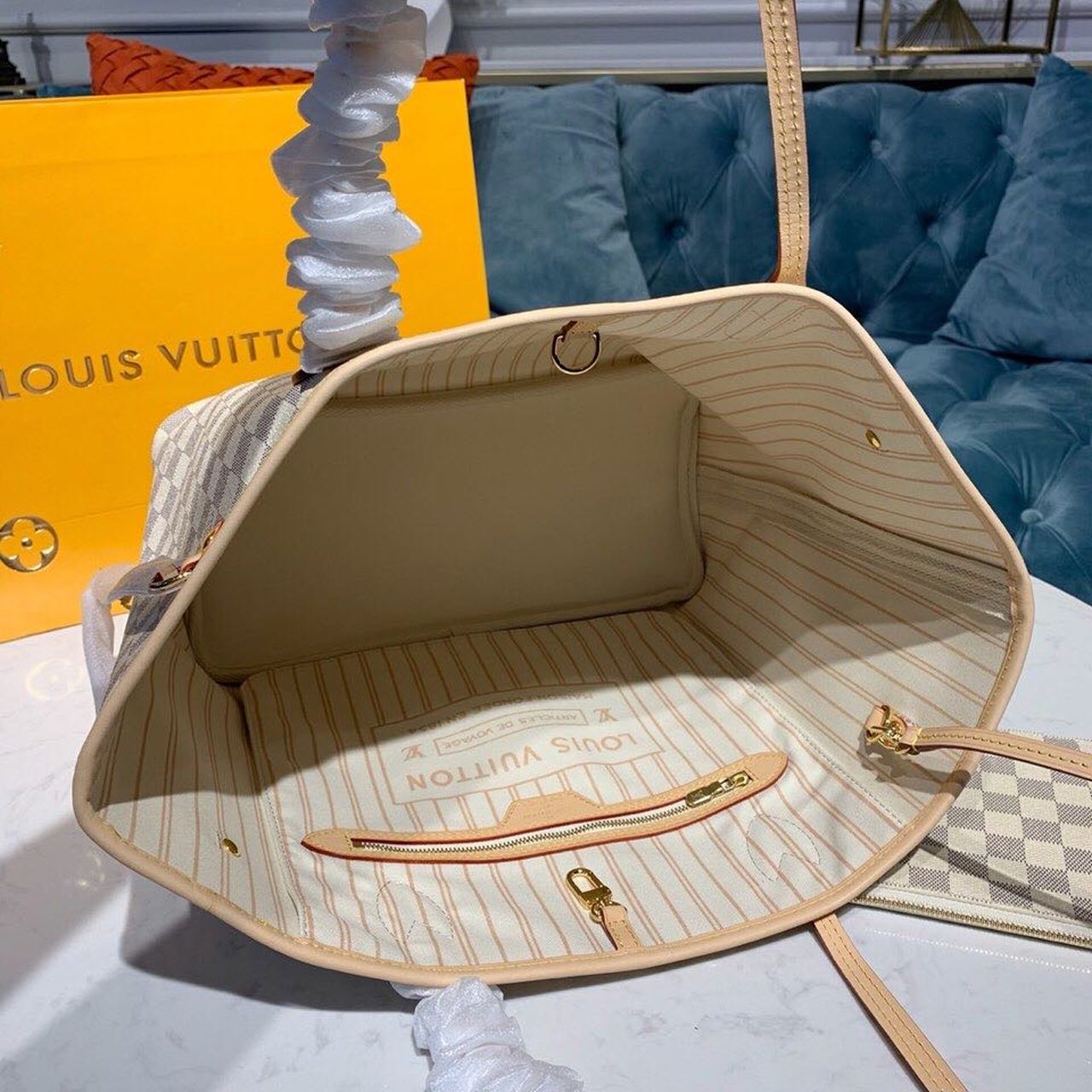 Louis Vuitton Neverfull MM Tote Bag Damier Azur Canvas For Women, Women’s Handbags, Shoulder Bags 12.2in/31cm