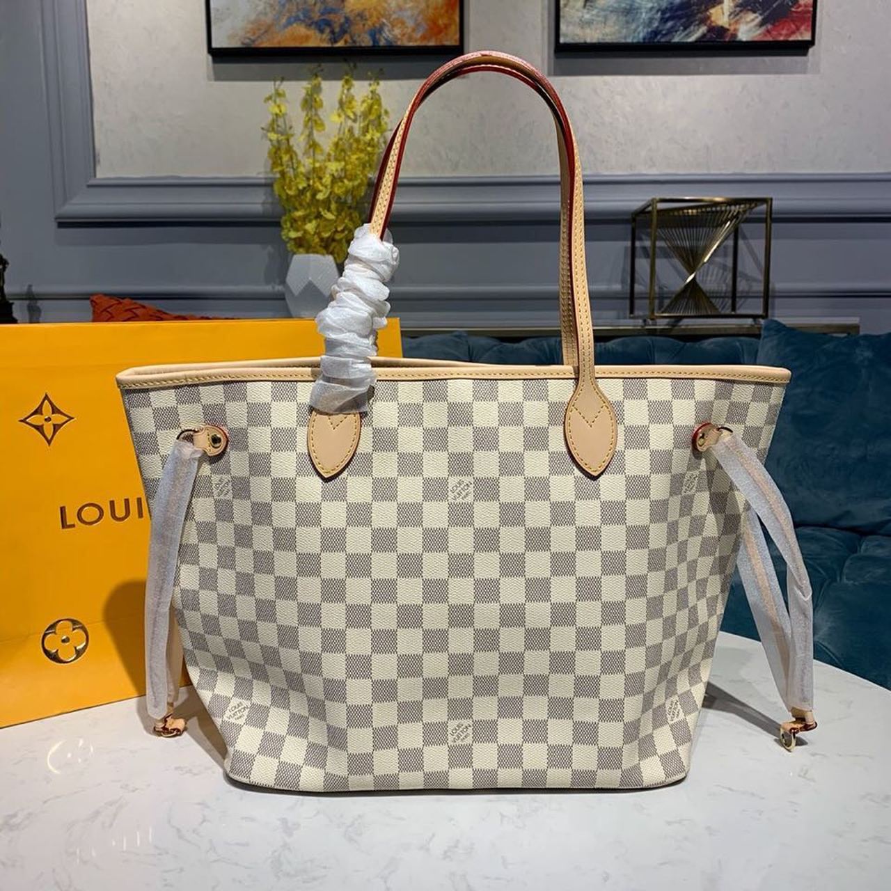Louis Vuitton Neverfull MM Tote Bag Damier Azur Canvas For Women, Women’s Handbags, Shoulder Bags 12.2in/31cm