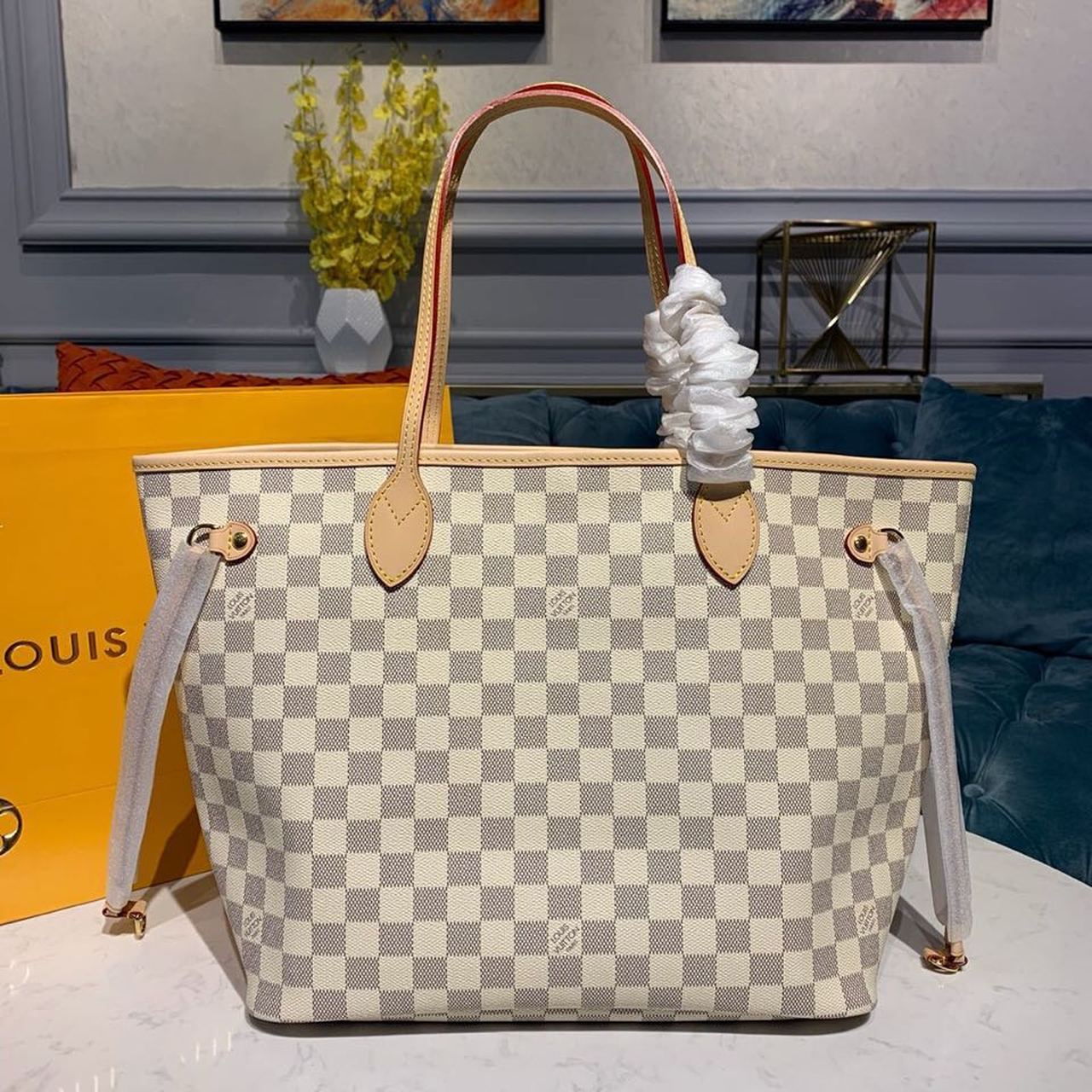 Louis Vuitton Neverfull MM Tote Bag Damier Azur Canvas For Women, Women’s Handbags, Shoulder Bags 12.2in/31cm