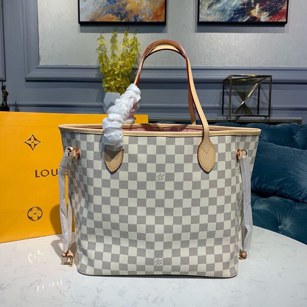 Louis Vuitton Neverfull MM Tote Bag Damier Azur Canvas Rose Ballerine Pink For Women, Women’s Bags, Shoulder Bags 12.2in/31cm