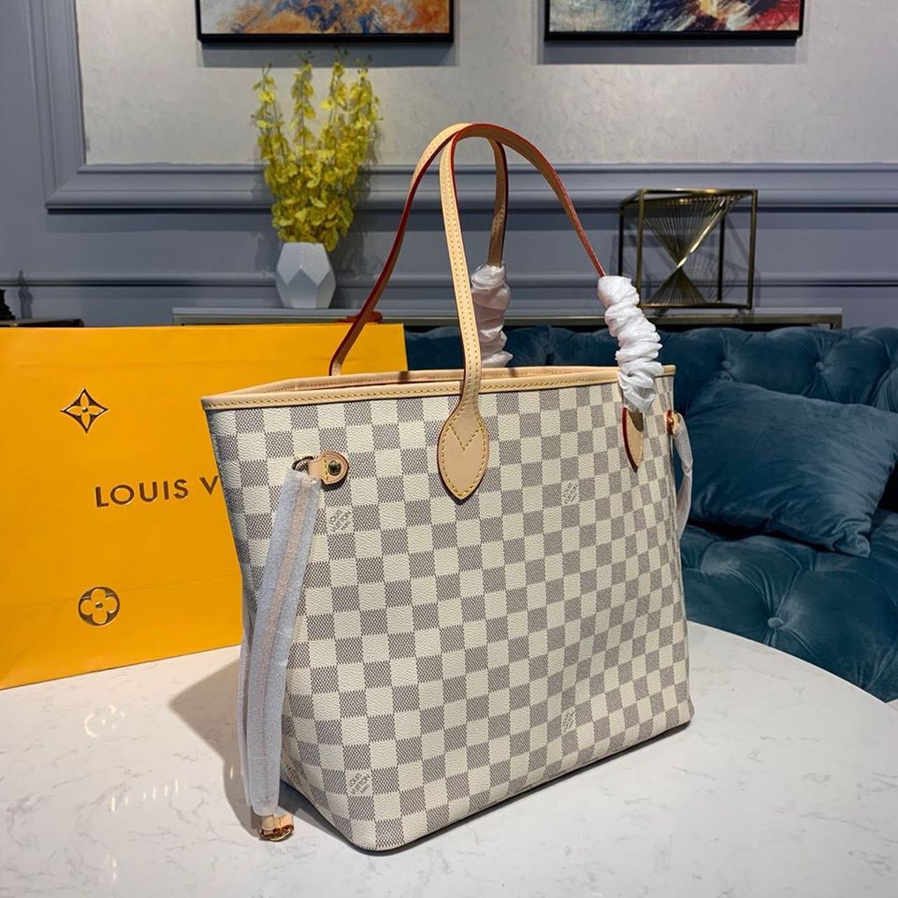 Louis Vuitton Neverfull MM Tote Bag Damier Azur Canvas Rose Ballerine Pink For Women, Women’s Bags, Shoulder Bags 12.2in/31cm