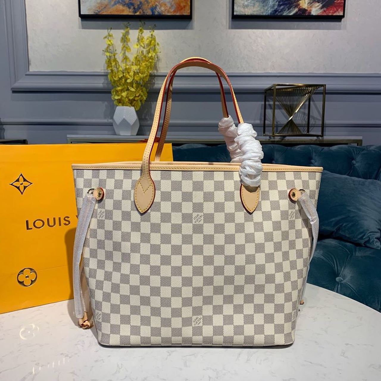 Louis Vuitton Neverfull MM Tote Bag Damier Azur Canvas Rose Ballerine Pink For Women, Women’s Bags, Shoulder Bags 12.2in/31cm