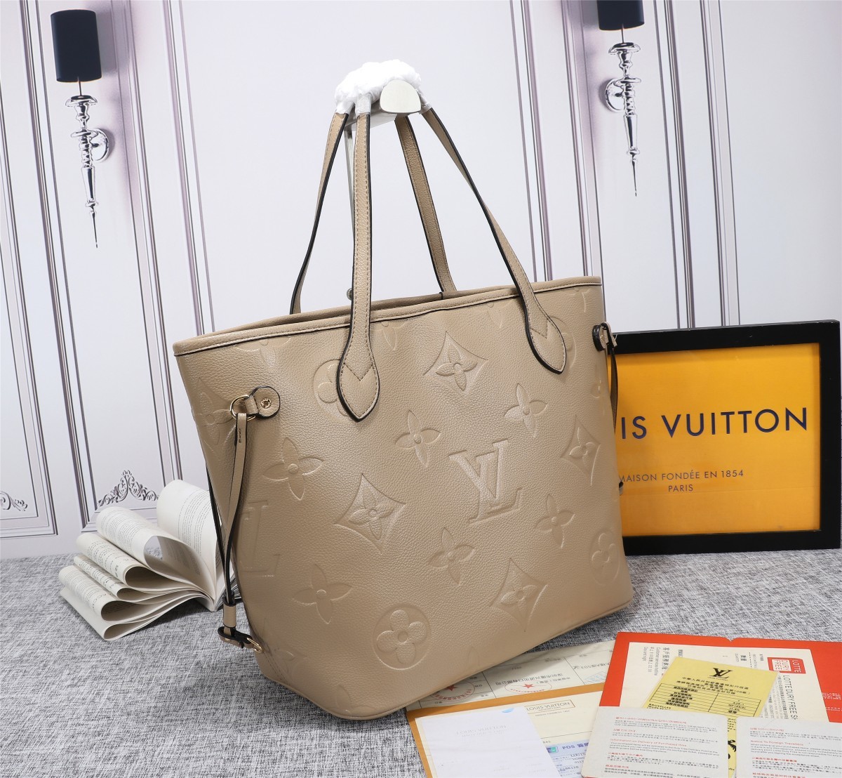 Louis Vuitton Neverfull MM Tote Bag Monogram Empreinte Tourterelle Gray For Women, Women’s Handbags, Shoulder Bags 12.2in/31cm