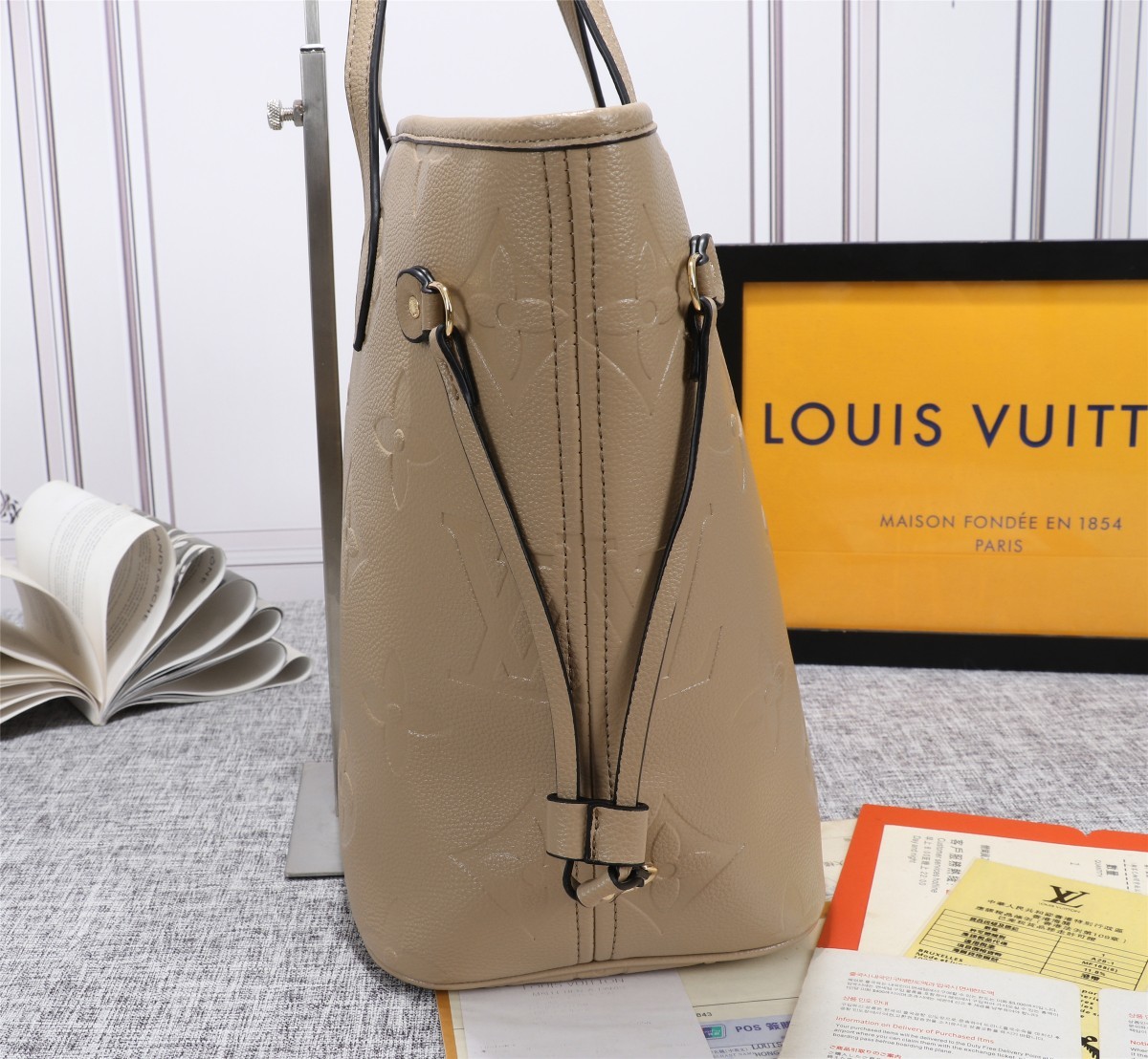 Louis Vuitton Neverfull MM Tote Bag Monogram Empreinte Tourterelle Gray For Women, Women’s Handbags, Shoulder Bags 12.2in/31cm