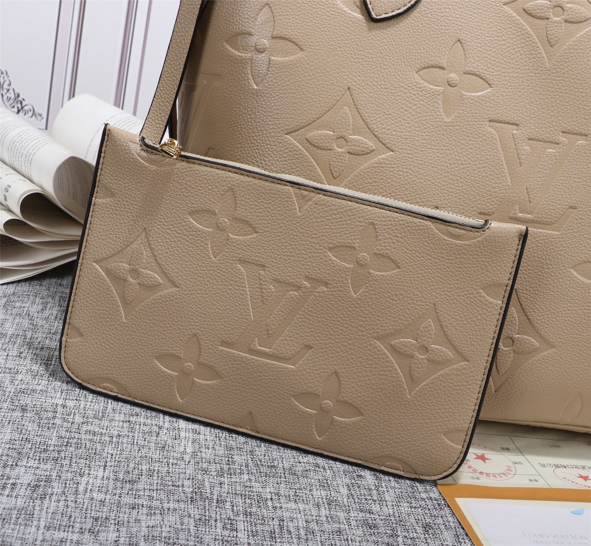 Louis Vuitton Neverfull MM Tote Bag Monogram Empreinte Tourterelle Gray For Women, Women’s Handbags, Shoulder Bags 12.2in/31cm